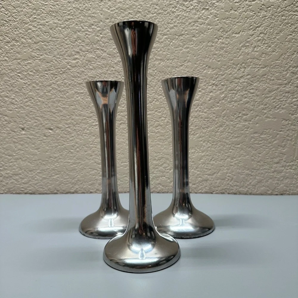 Pottery Barn Set of Three Egg Silver Tone Metal Taper Candle Holders